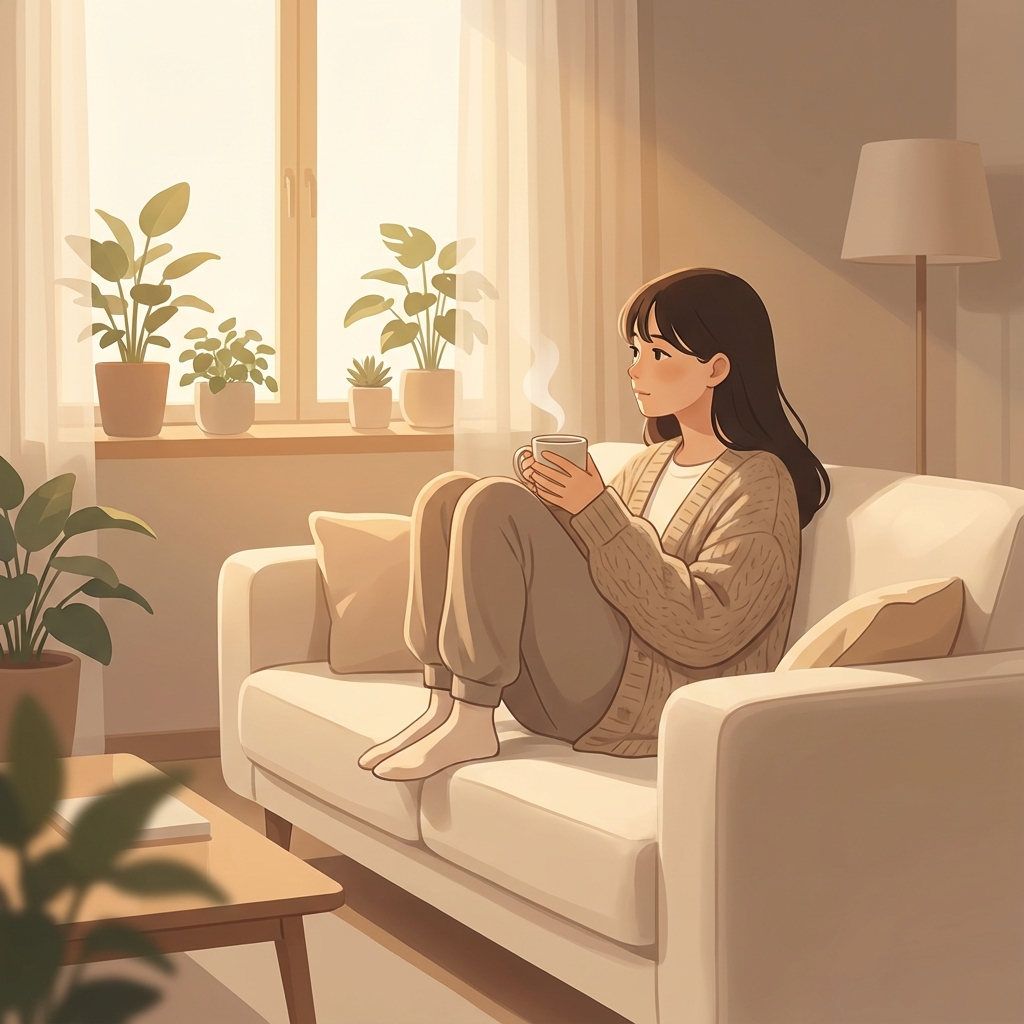 穏やかな空間で一息つく女性のイラスト