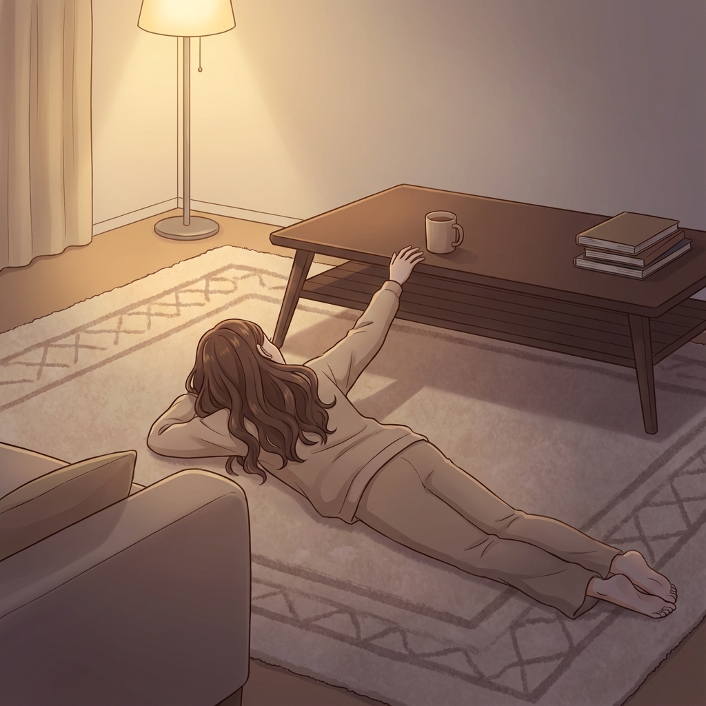 リビングの床で力尽きてうつ伏せているイラスト